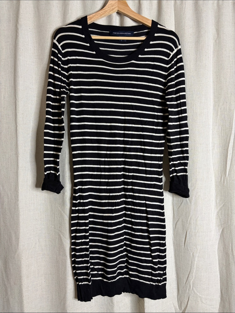 French Connection Black and White Striped Long-Sleeve Dress